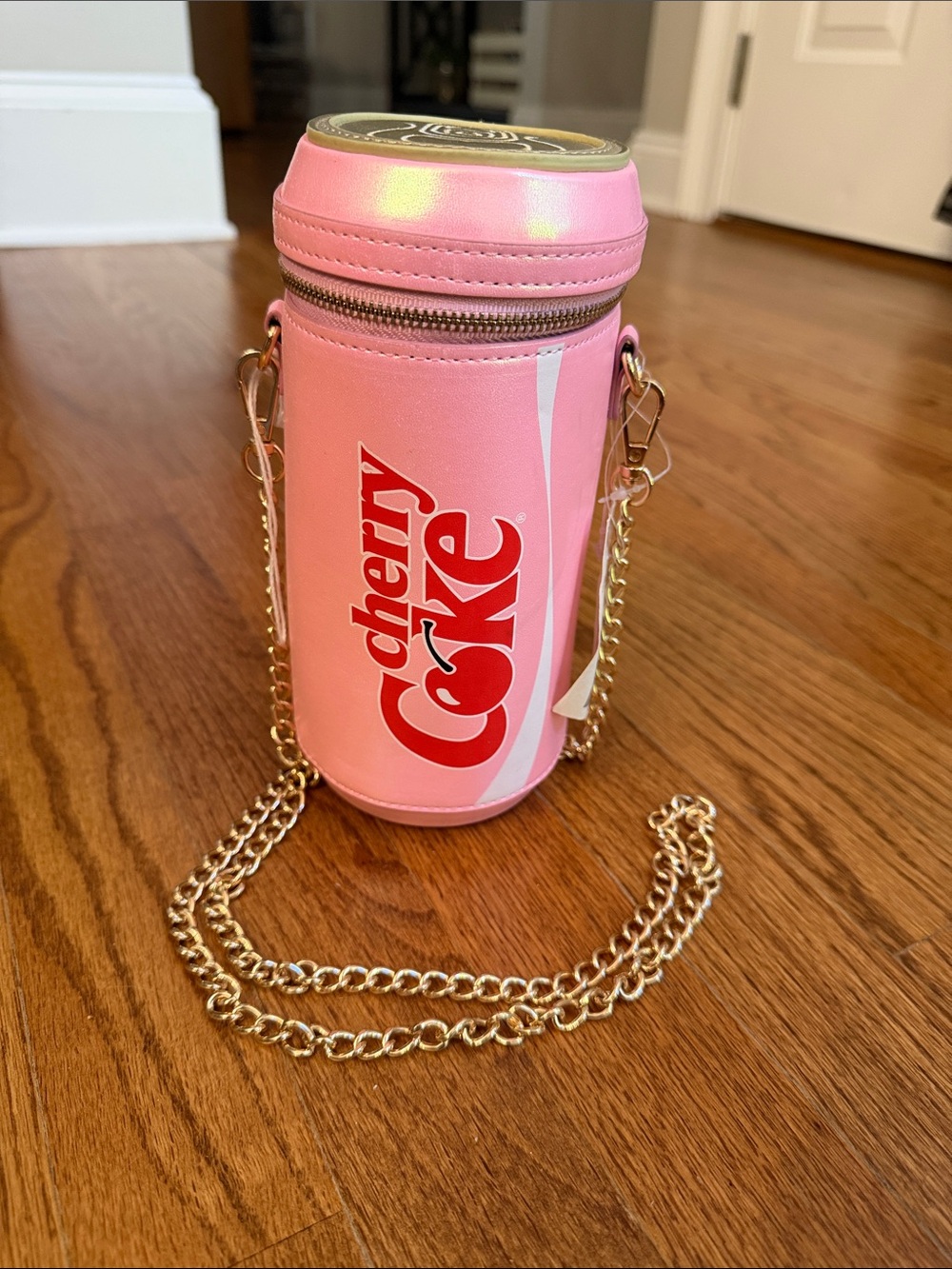 Cherry Coke Pink Can Crossbody Bag with Gold Chain by skinny dip